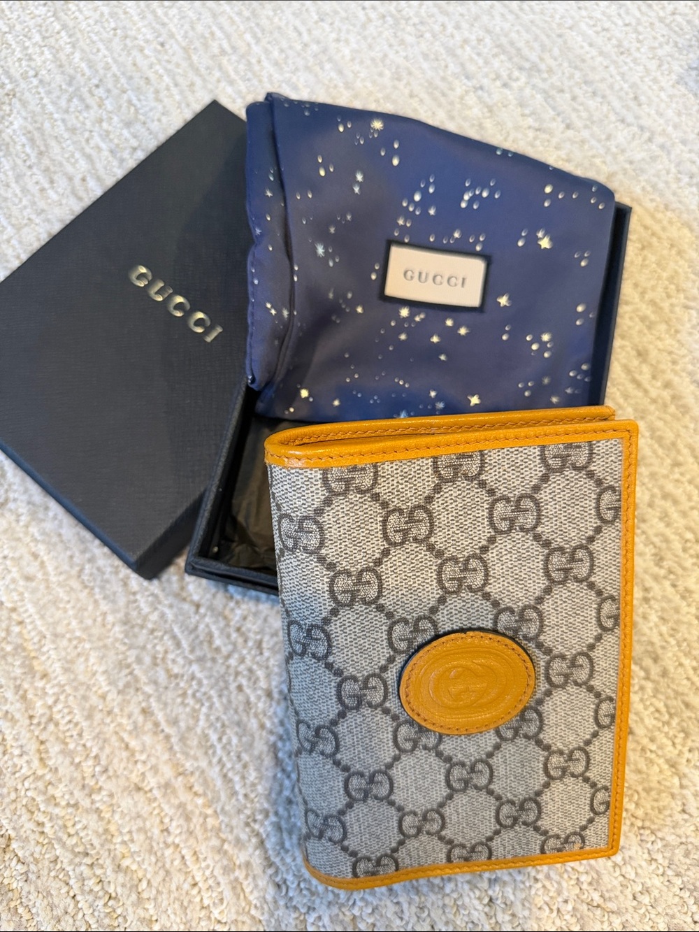 Gucci Beige GG Canvas Passport Cover with Yellow Trim